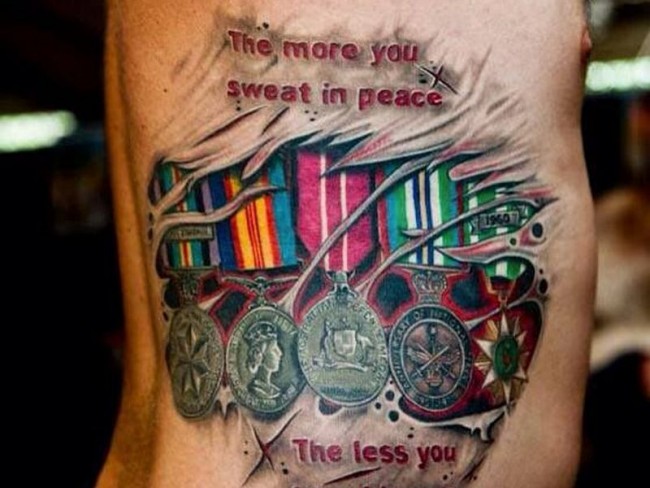 Military Medals Tattoo On Side Rib Cage