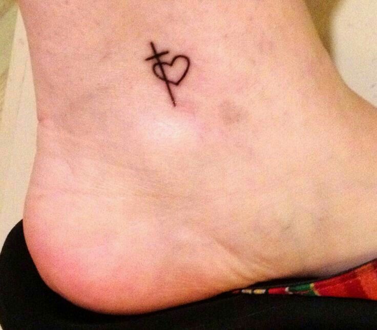 Minimal Heart And Cross Tattoo on Ankle