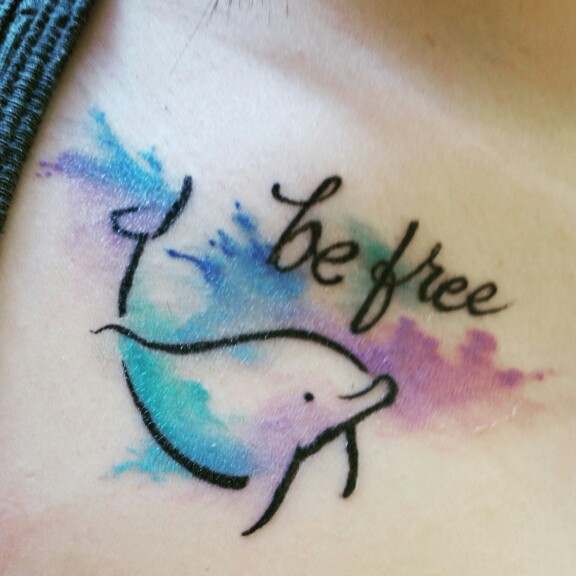 Minimal Watercolor Outline Dolphin Tattoo