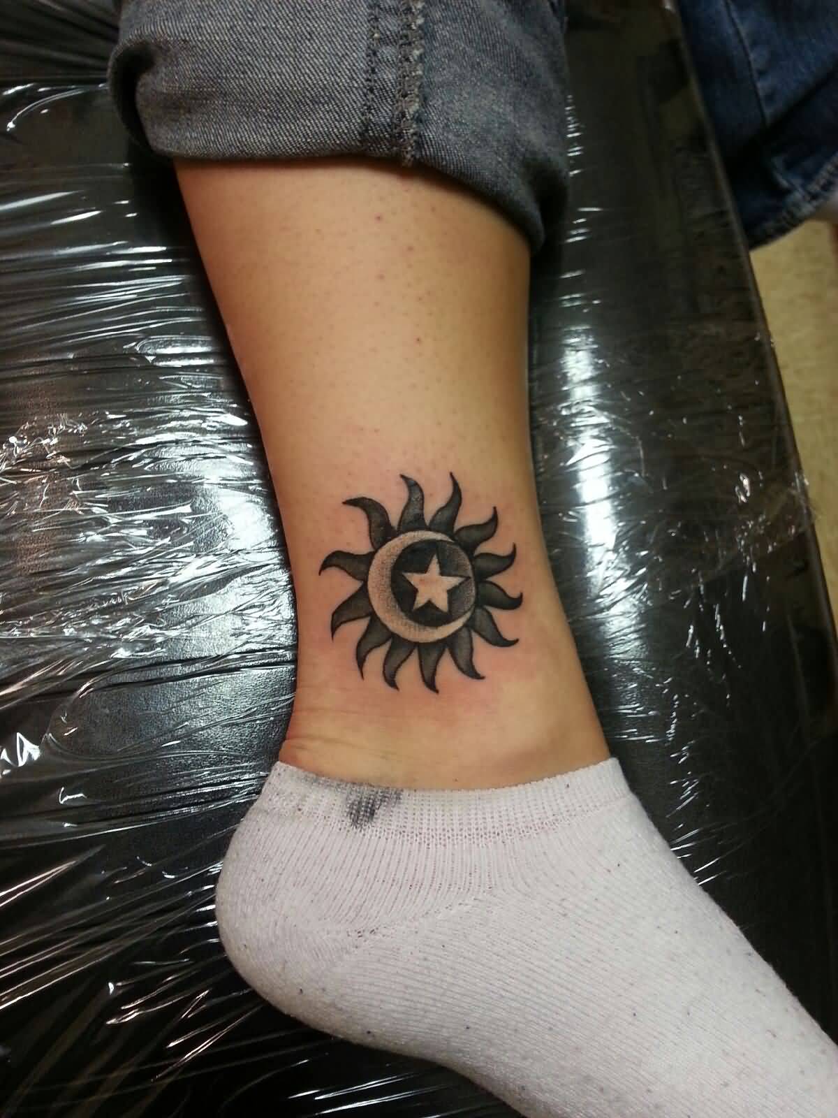 Moon Star And Sun Tattoo On Ankle