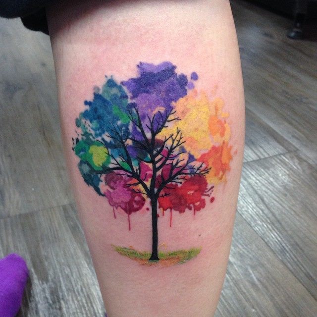 Multicolored Watercolor Tree Tattoo On Leg calf