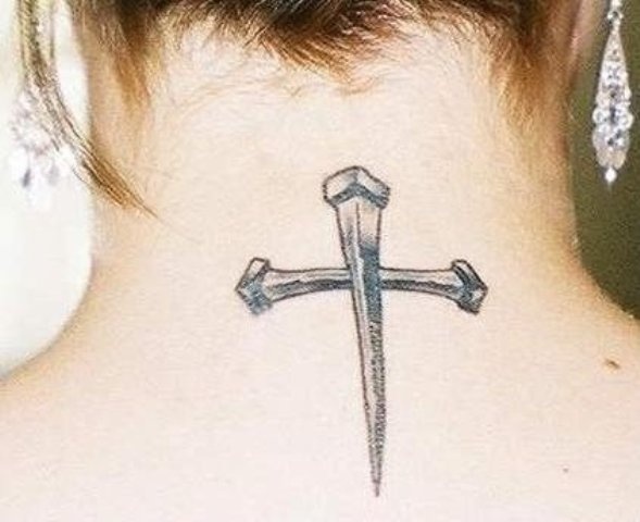 Nail Cross Tattoo On Back Neck