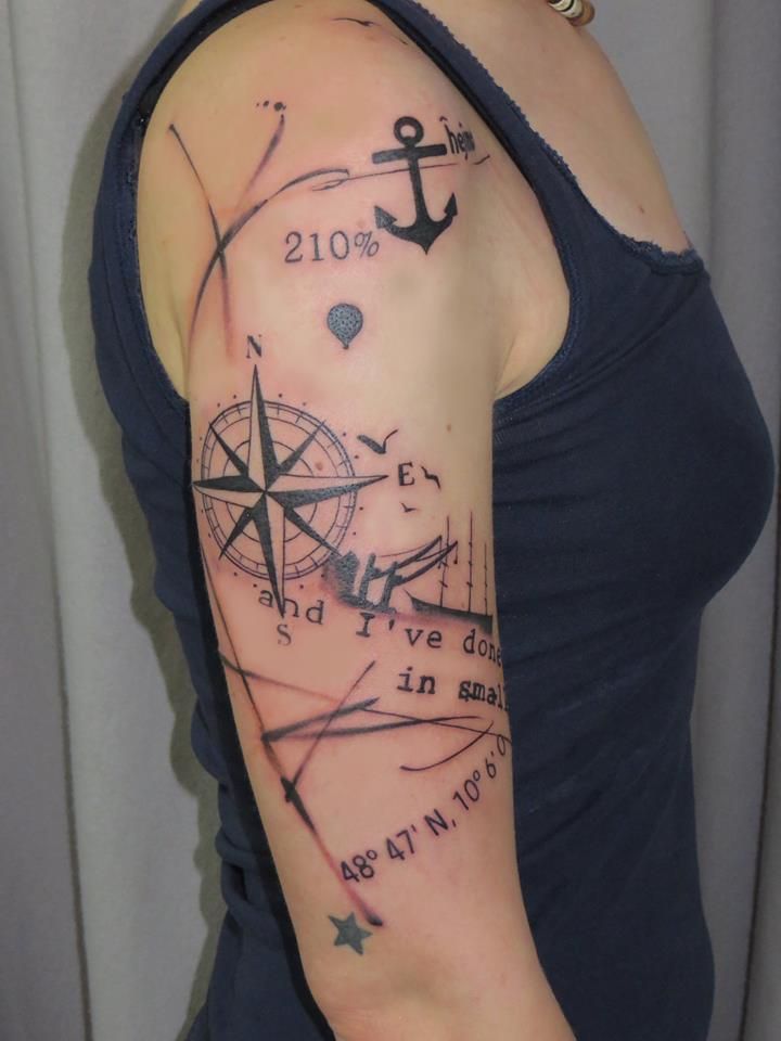 Nautical Star And Coordinates Tattoo On Full Arm