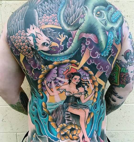 Nautical Themed Japanese Octopus Tattoo On Full Back