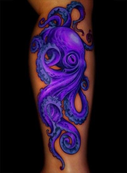 Neon Purple Octopus Tattoo On Leg