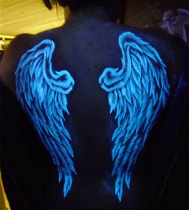 Neon White Ink Angel Wings Tattoo On back