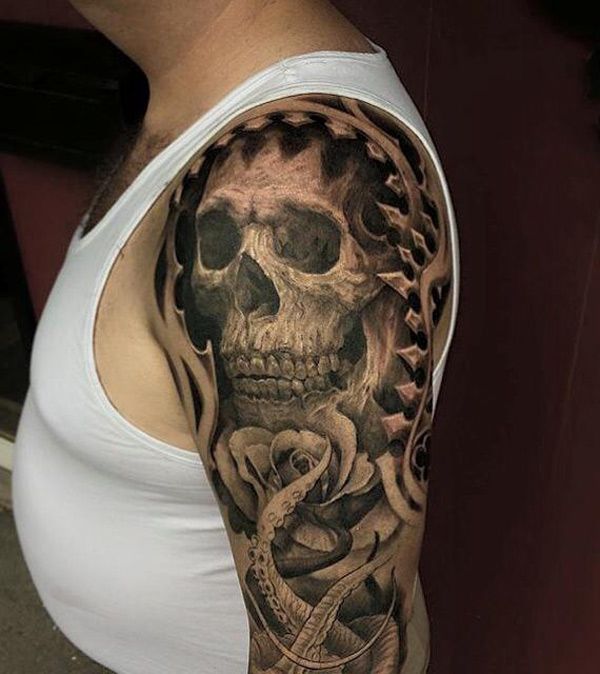 Octopus Flower And Skull Tattoo