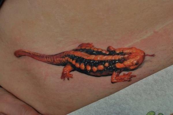 Orange And Black Gecko 3d Tattoo Design