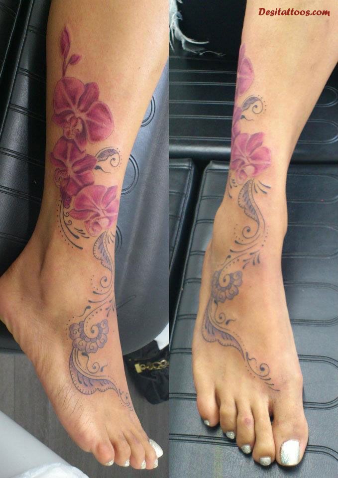 Orchid Flower Tattoo On Ankle And Foot