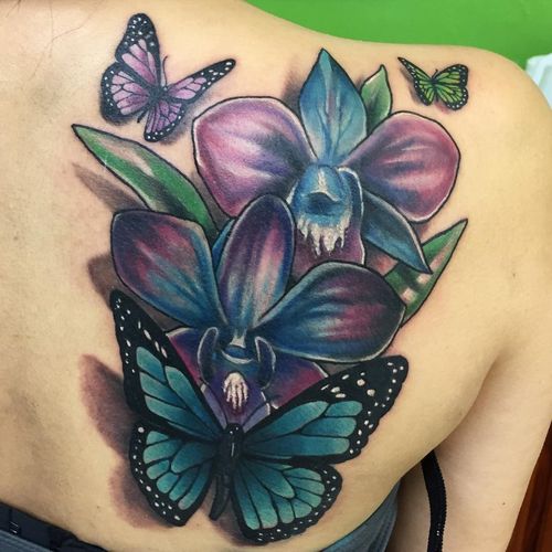 Orchid Flowers And Butterflies Tattoo On Back Shoulder