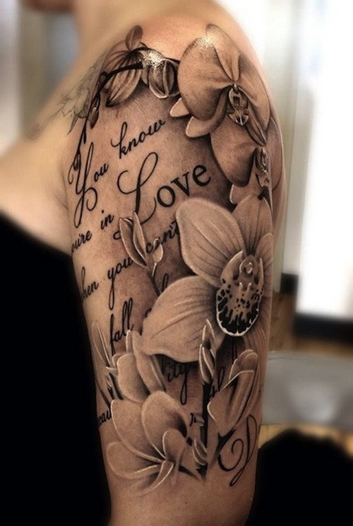 Orchid Flowers And Wording tattoo On Half sleeve