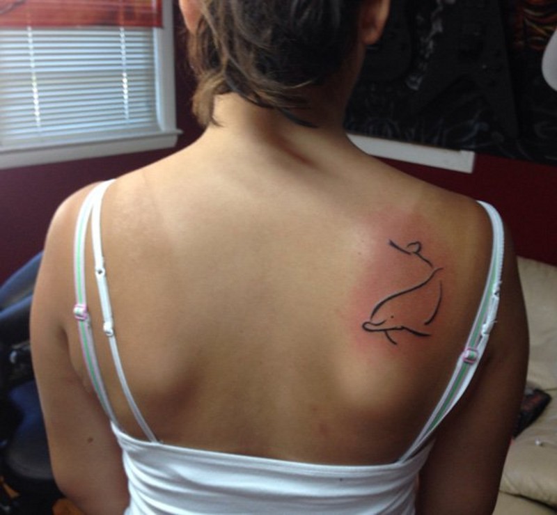 Outline Dolphin Tattoo On Back shoulder