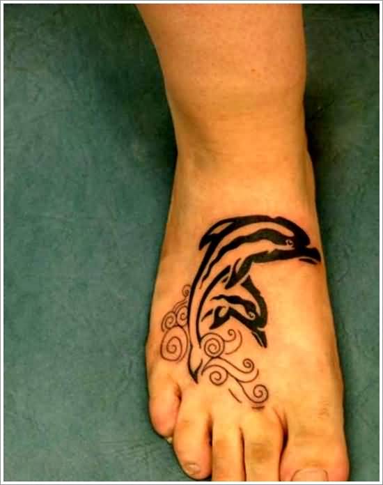 Outline Dolphin Tattoo On Foot