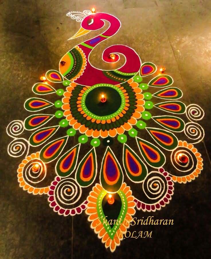 Peacock Rangoli Design For Diwali Decoration