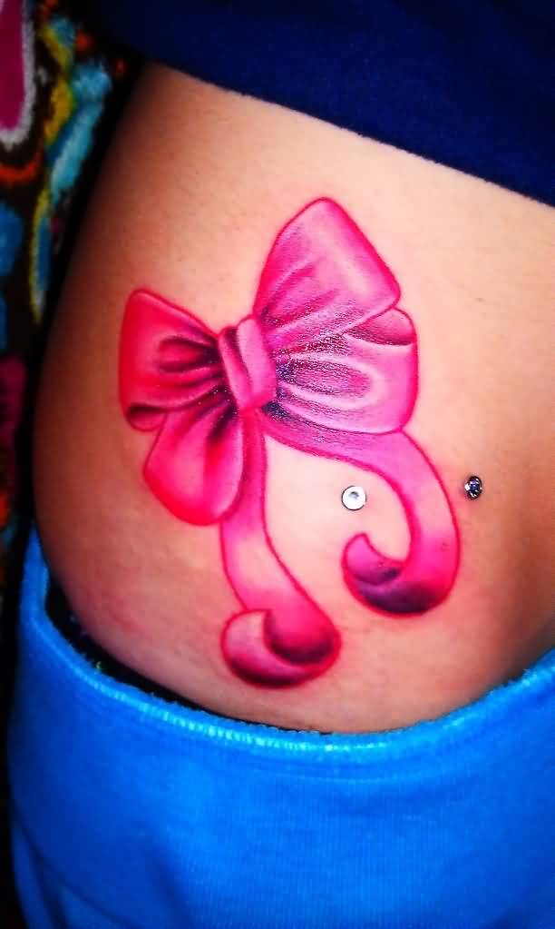 Pink Bow Tattoo On Waist