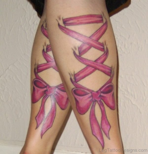 Pink Corset Bow Tattoo On Leg