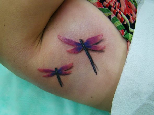 Pink Dragonfly Tattoo On Bicep
