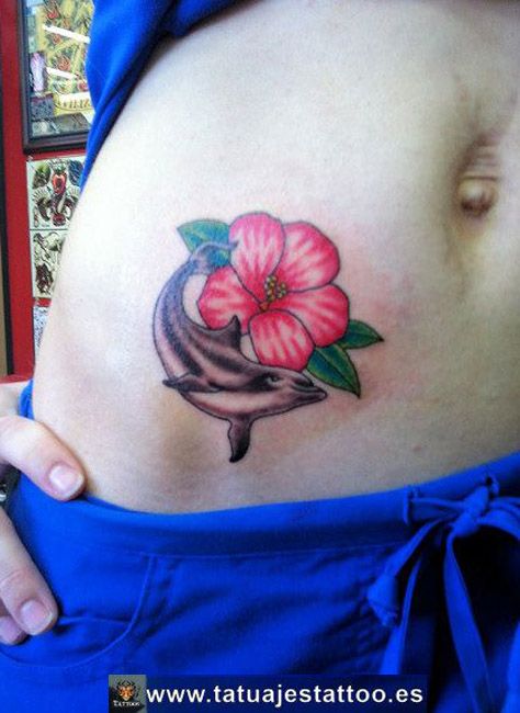 Pink Flower And Gray Dolphin Tattoo On Waist