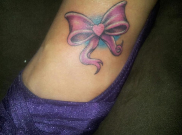 Pink Heart Bow Tattoo On Foot