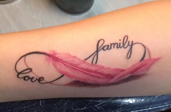 Pink Infinity Feather with Love family Text Tattoo