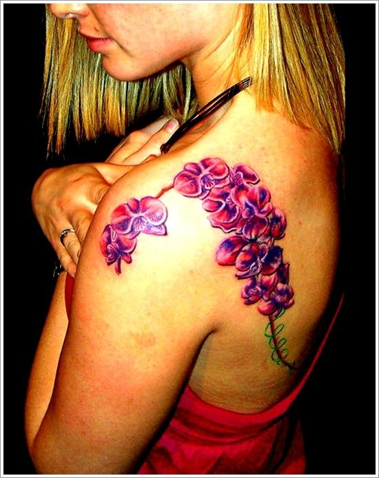 Pink Orchid Branch Tattoo On Girls back