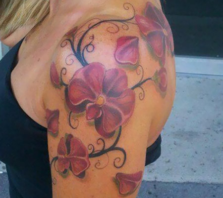 Pink Orchid Tattoo On Bicep