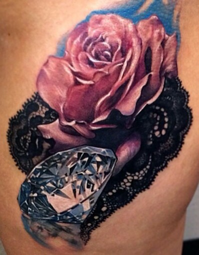 Pink Rose, lace And Diamond Tattoo Design