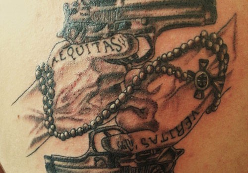 Pistol And Rosary Tattoo Design idea