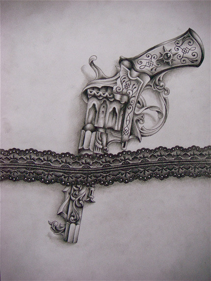 Pistol In Lace Band Tattoo Sketch Design
