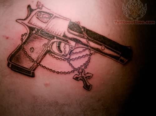 Pistol With Rosary And Cross tattoo Design