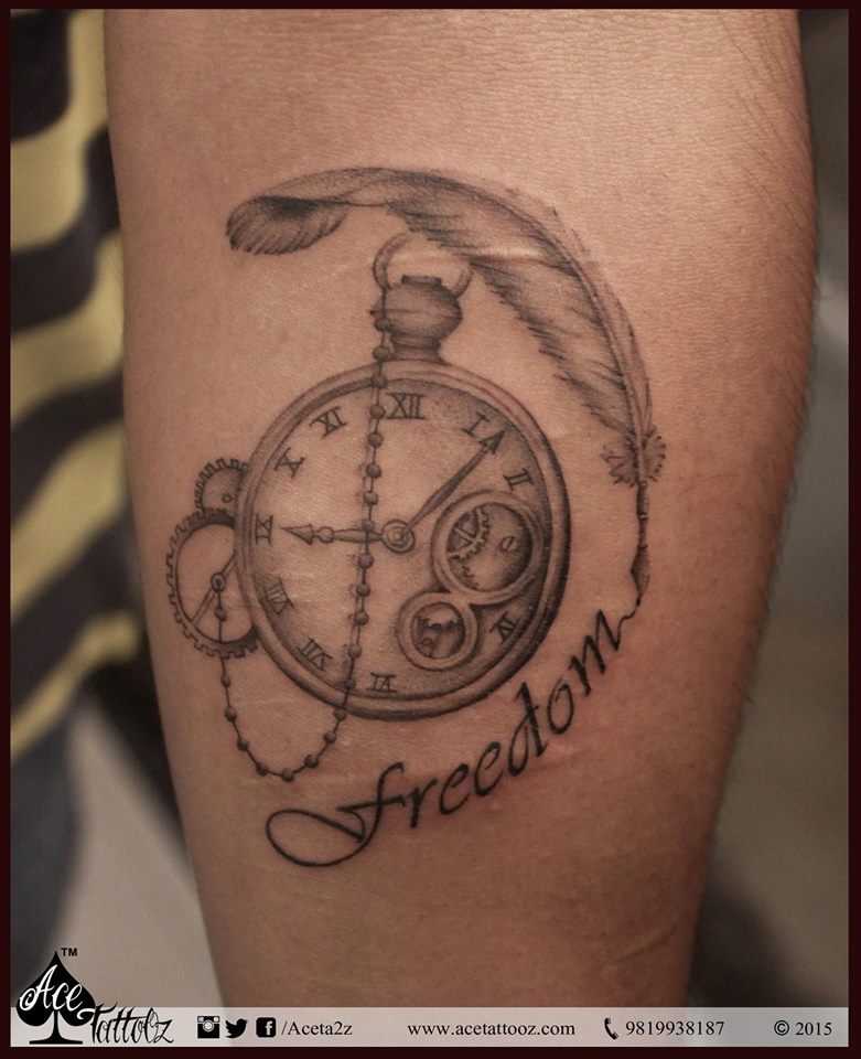 Pocket Watch And Feather Tattoo