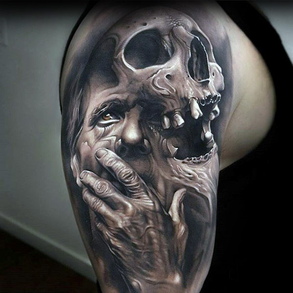 Portrait With Skull 3d Shaded Tattoo On Arm