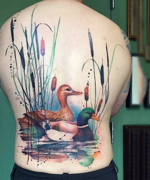 Pretty Ducks Watercolor Tattoo On Full Back