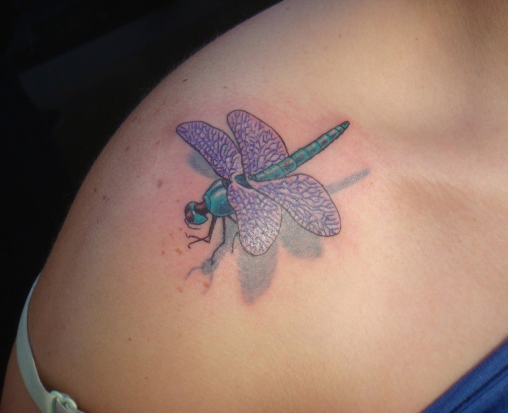 Purple Dragonfly Tattoo On Shoulder