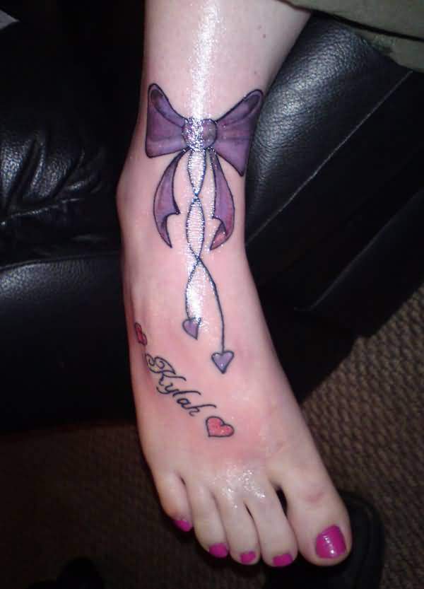 Purple Hearts and Bow Tattoo On Leg