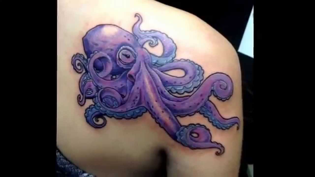 Purple Octopus Tattoo On Girls Back Shoulder