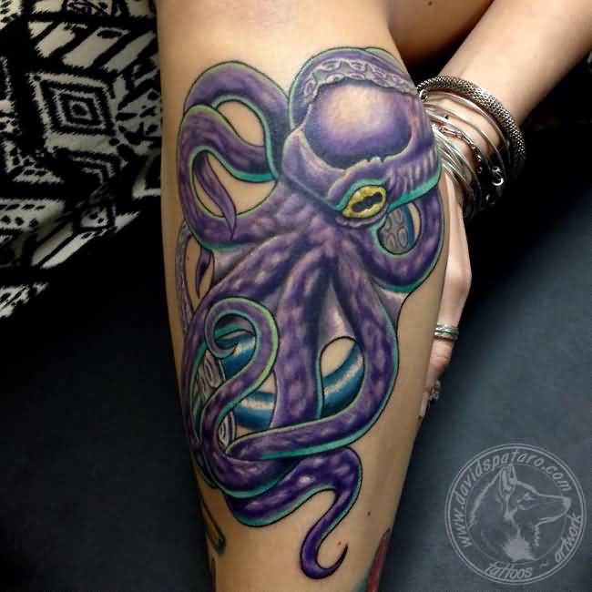 Purple Octopus Tattoo On Leg