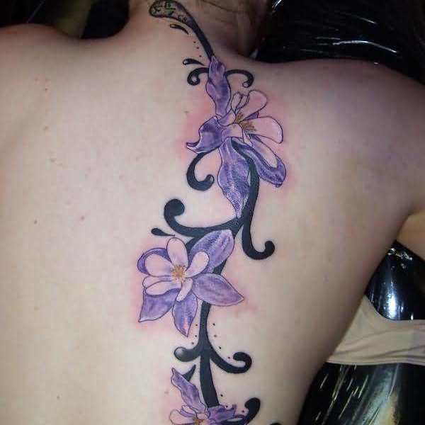 Purple Orchid Flower branch Tattoo On Back