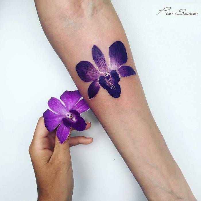 Purple Orchid Tattoo On Forearm