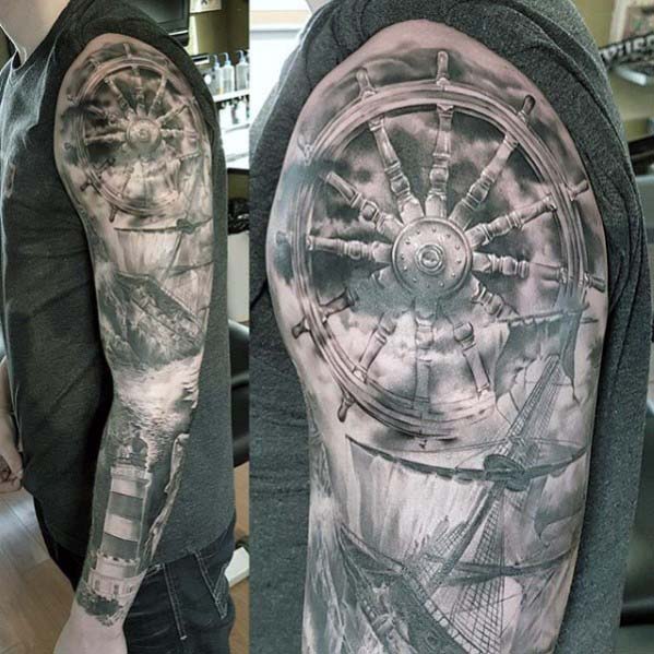 Realistic 3d Nautical Black And Gray Ink Tattoo