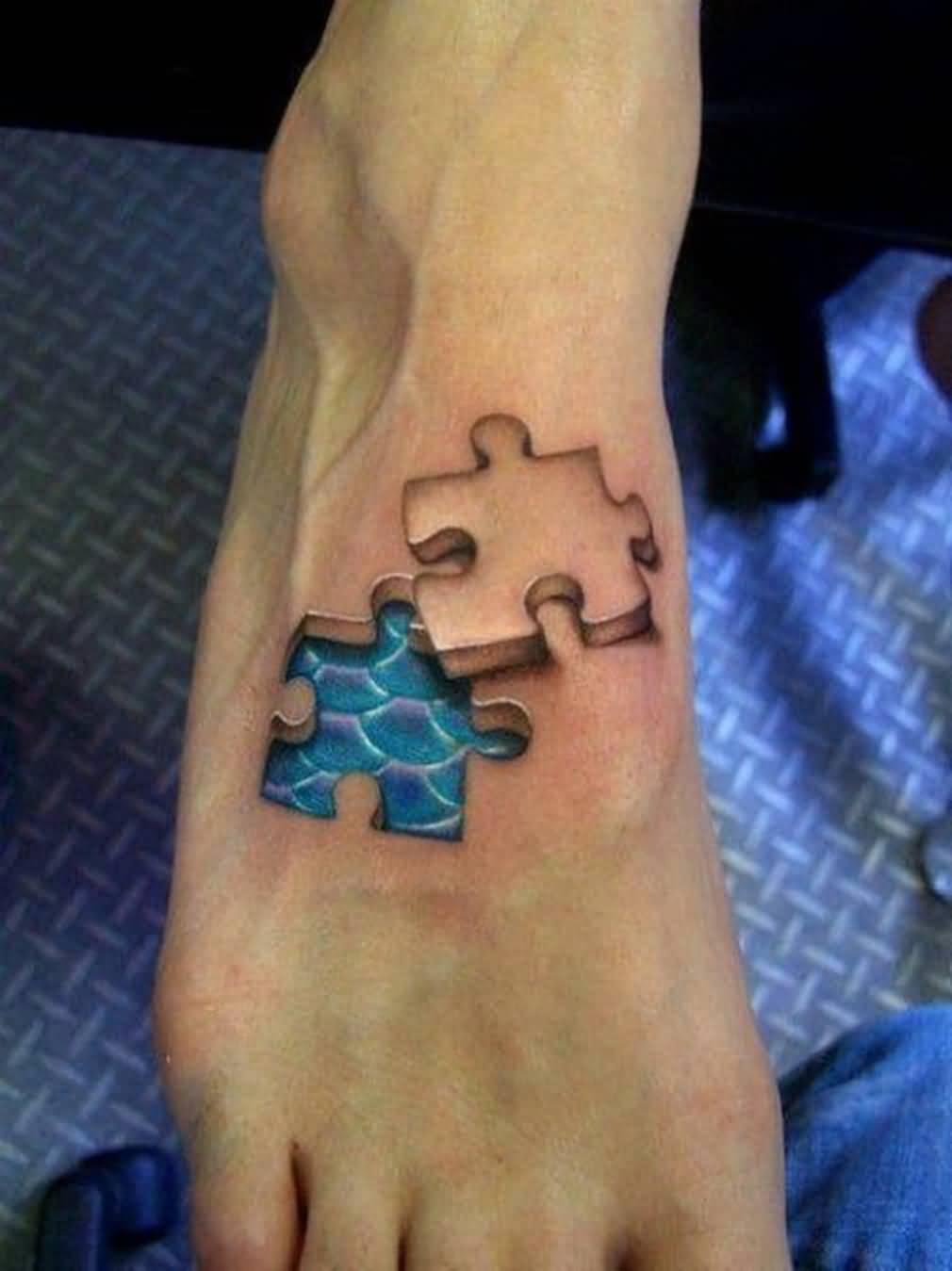 Realistic 3d Puzzle Tattoo On Foot