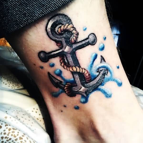 Realistic Anchor With Water Splash Tattoo On Leg