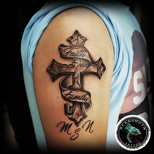 Realistic Cross Tattoo With Faith And Family Banner On ...