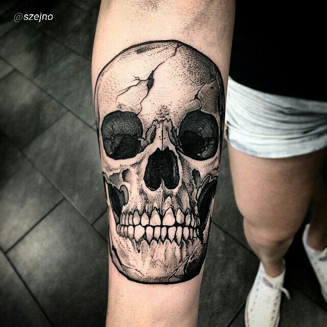 Realistic Skull Tattoo On Forearm
