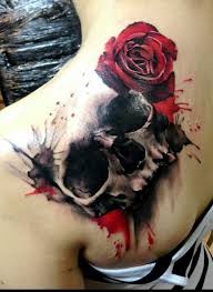 Red Blood Rose And Skull Tattoo On Back Shoulder
