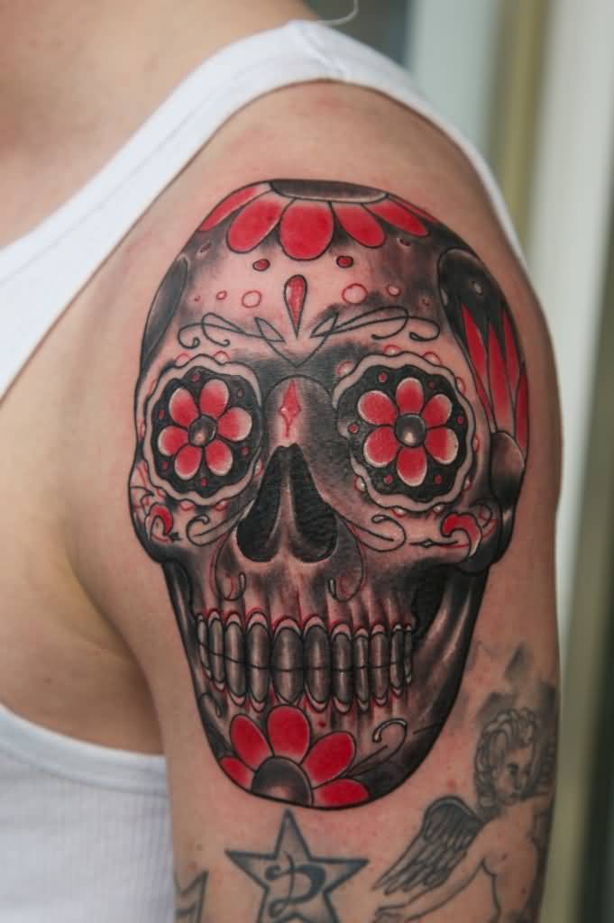 Red Flowers Sugar Skull Tattoo On Upper Arm