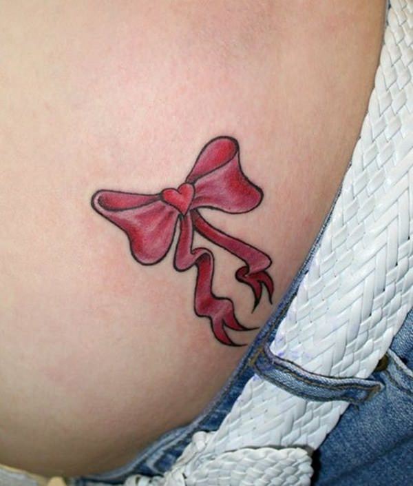 Red Heart Bow Tattoo Design On Hip