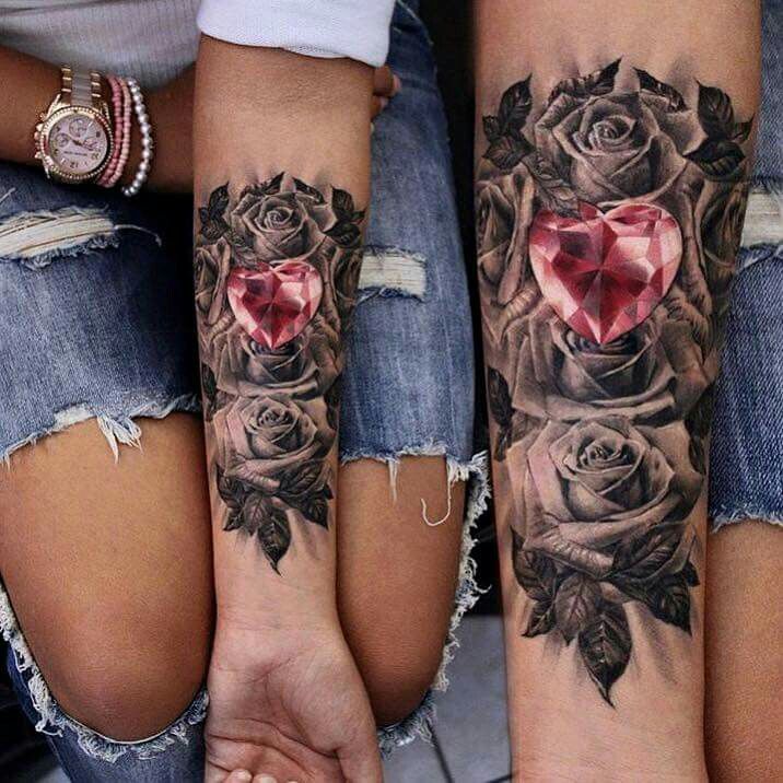 Red Heart Shaped Diamond With Rose Flowers Tattoo