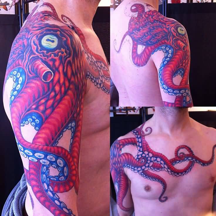 Red Octopus Tattoo Back Shoulder And Chest