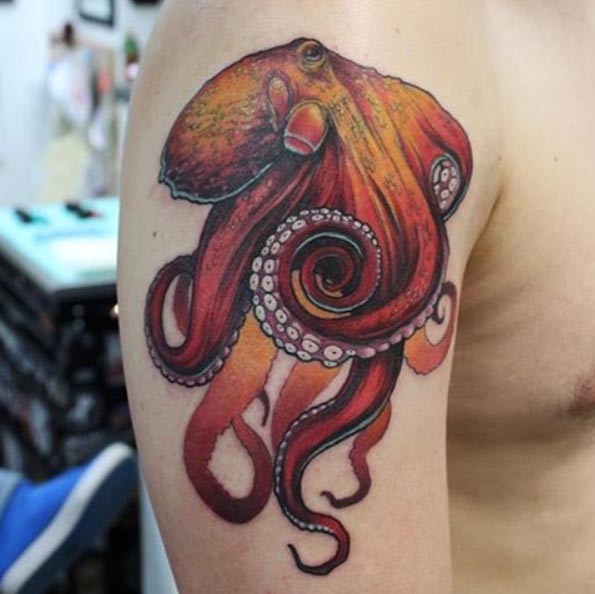 Red Octopus Tattoo On Half Sleeve